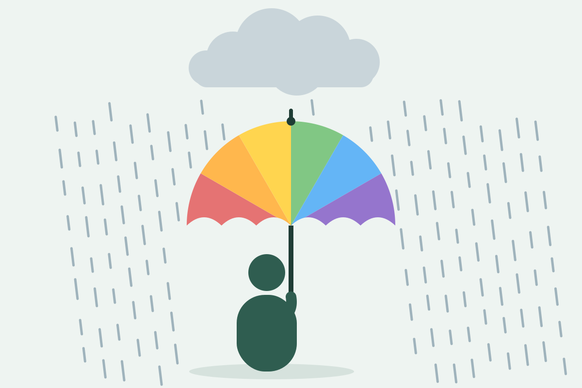 Ilustración de una persona protegida de la lluvia bajo un paraguas con los colores del arcoíris, estrés de minorías
