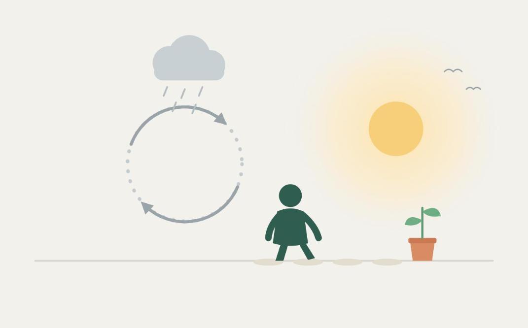Ilustración de una persona saliendo del bucle de la depresión hacia el sol, junto a una planta que brota